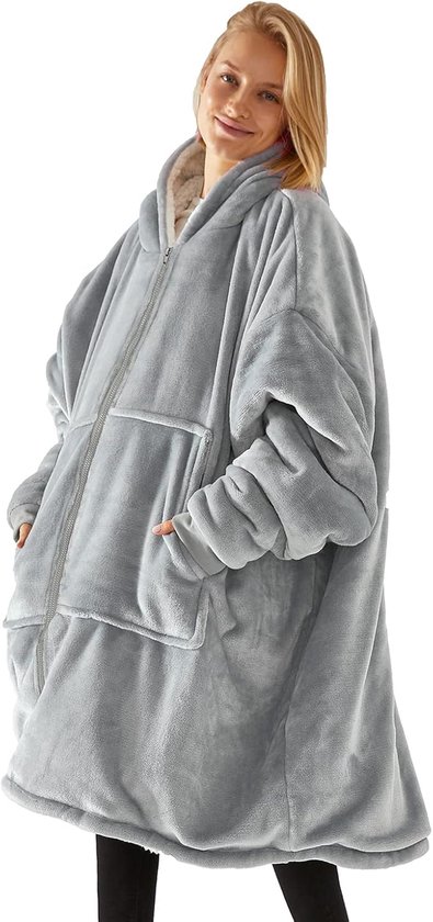 Knuffeltrui voor dames en heren, flanel, deken, hoodie, sweatshirt, oversized, jas met ritssluiting en enorme zak - lichtgrijs