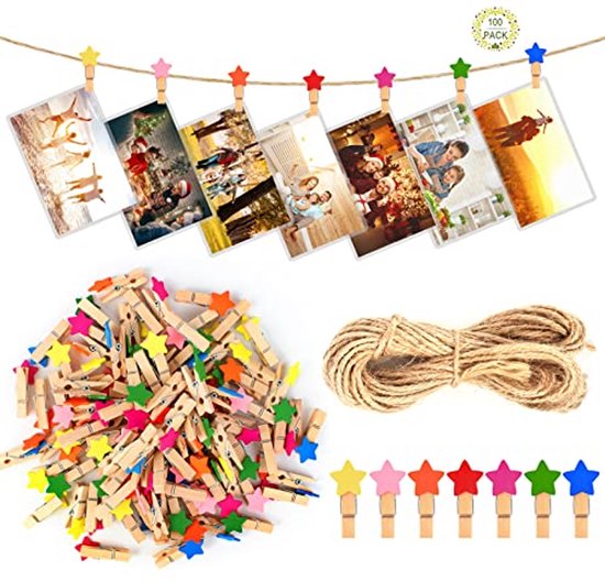 100 Stuks Houten Mini Knijpers Set – Ster & Hart Ontwerp + 10 Meter Jute Touw – Perfect Voor Foto’s, Kaarten En Creatieve Decoratie Thuis, Op Feestjes Of Op Kantoor