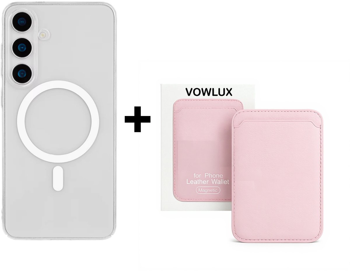 VOWLUX Compatible MagSafe Hoesje voor Samsung Galaxy S25 Plus Transparant – Inclusief Roze Wallet Pasjeshouder – 24 Magneten – Kunstleer – 3 Kaarten – Shockproof Case
