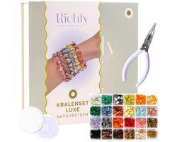 RICHLY® Kralen set Luxe Natuursteen - incl. Instructieboekje - Premium verpakking - Armbandjes Maken met kraaltjes meisjes & dames - Natuurkleuren edelstenen - Kralenketting - Kralendoos - Edelsteen kralenset - Sieraden maken