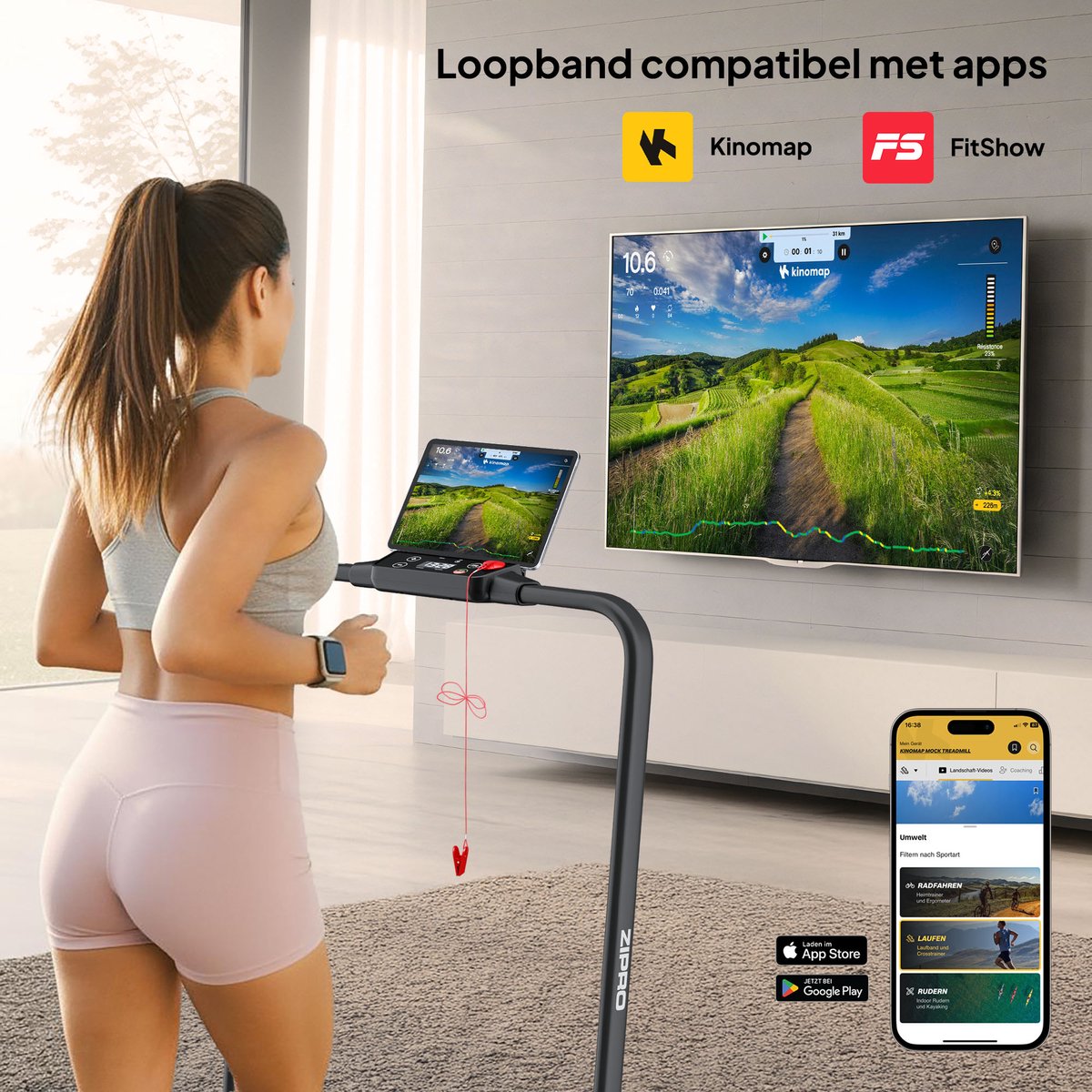 Afbeelding 2 van Zipro® Newlite Elektrische Loopband 1-10 km/h - Wandelband - Inklapbaar - Cardiotraining -display - Eenvoudig opvouwen naar een verticale positie - Nauwkeurige gegevensmeting - Easy Walk-demping - snel vouwsysteem