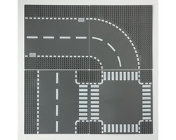 Uniblocks City wegenplaten voordeel set 4 stuks | wegplaten geschikt voor LEGO city recht - bocht - Tsplitsing - kruising | wegplaat 32x32 noppen | afmeting 25, 5 m x 25,5cm | wegen | auto's | Geschikt voor LEGO | wegplaat