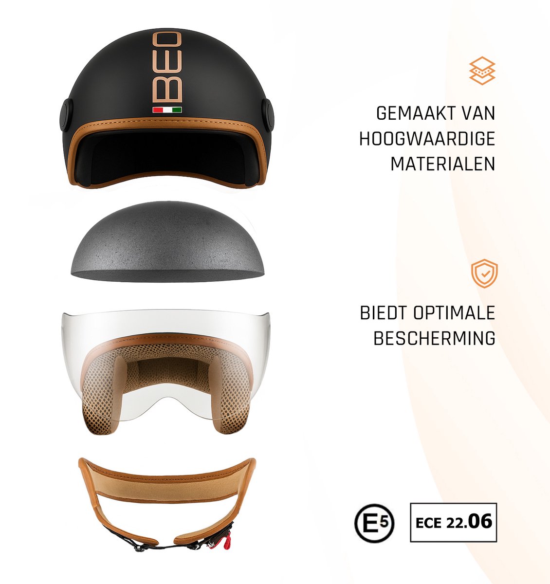 BEON Design Luxe Scooterhelm - Mat Zwart - L - Jethelm met Vizier - Motorhelm - Geschikt voor Vespa, Scooter, Brommer, Motor en Snorfiets – foto 6