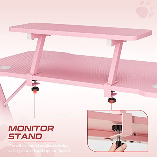 Ergonomisch Gaming Bureau met Carbon Fiber Blad en Verstelbare Monitorplank in Roze — afbeelding 2