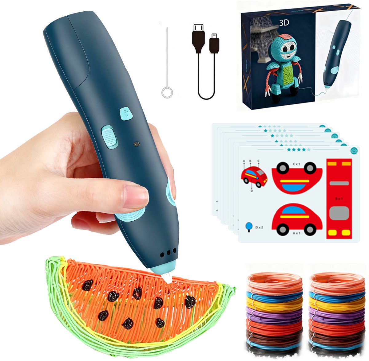 Image of 3d pen starterspakket-Draadloze 3D-pen-10 instap-tekentablets -50 minuten batterijduur-Verstelbare snelheid-23 rollen 3D pen vullingen in 10 kleuren - 100 meter