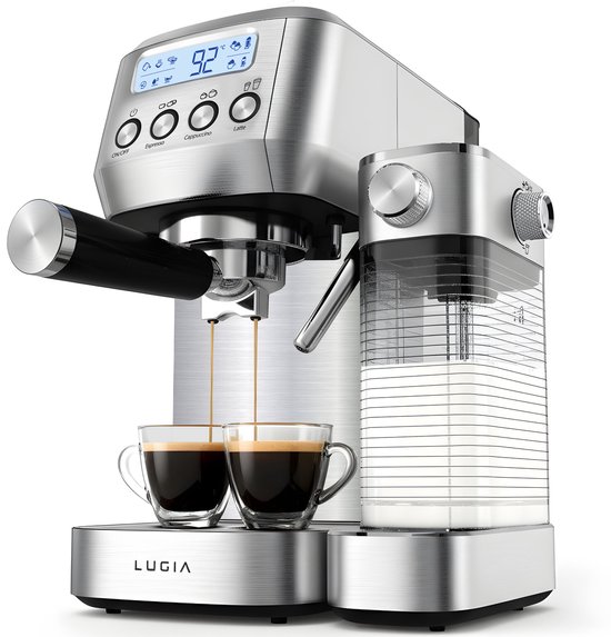 Lugia Pistonmachine 20 Bar - Koffiemachine met Automatische Melkopschuimer - Espressomachine - Led display - 20 bar - Ccappuccino, latte en macchiato - RVS Lugia