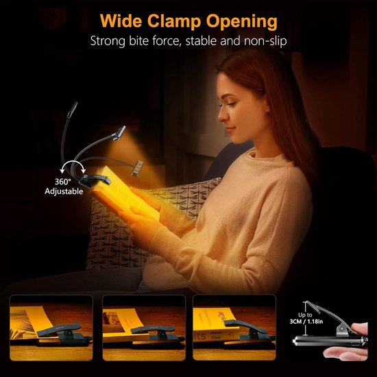 Leeslamp Boekenklem - USB C Oplaadbare Boeklamp met 19 LEDs - 3 Kleurtemperatuurmodi - Lange Looptijd - 360° Flexibel Traploze Helderheid Klemlamp - Voor Nachtlezen in Bed van Flowli — afbeelding 2