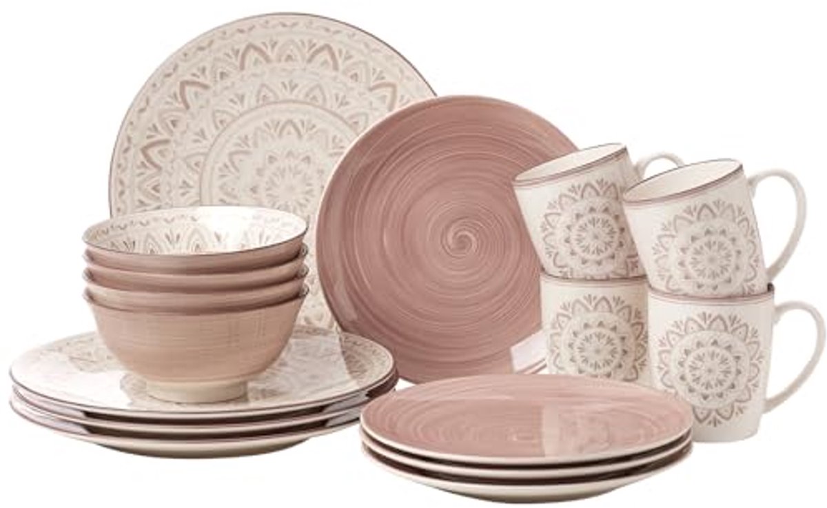Combinatieservies Set 16-Delig in Pink/Wit en Multicolor voor Stijlvolle Tafelsetting