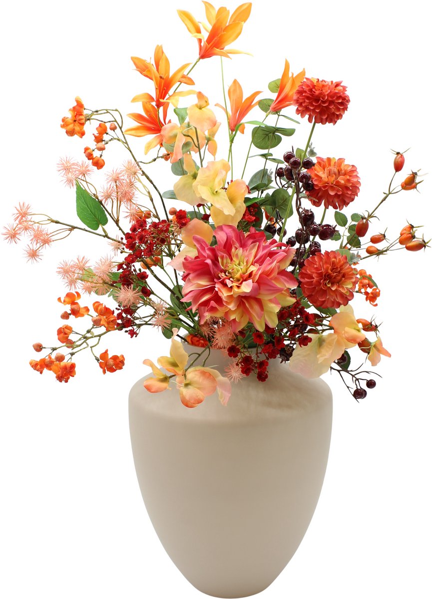 Bloemenjunkie - Kunstbloemen - Zijden Bloemen Boeket - Herfst - dahlia - rozenbottel - Nepbloemen