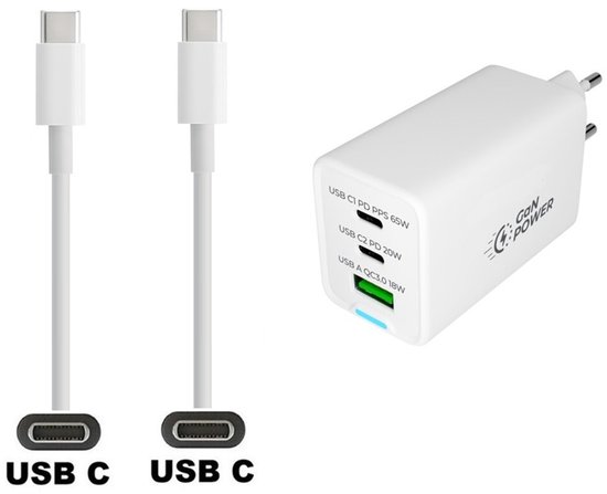 65W USB-C snellader 3 poorten met 2m USB-C naar C kabel, PD GaN oplader voor Apple MacBook iPad