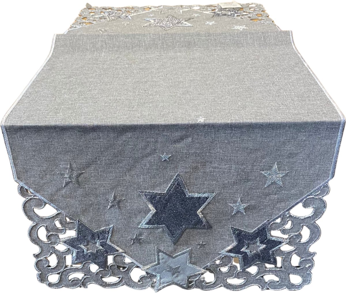 Tafelloper - Kerst - Linnenlook - Grijs met sterren in zilver en grijs - 40 x 90 cm