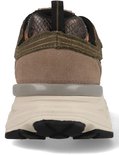 Achterkant van groene dames sneaker met bruine slangenhuidprint en beige details.