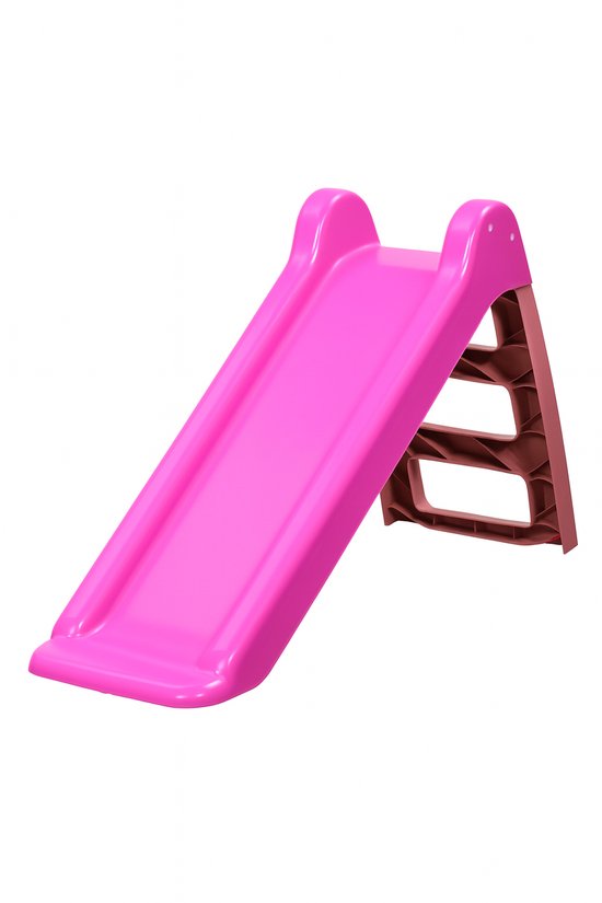 Roze inklapbare glijbaan met bruine trap, ontworpen voor compact speelplezier voor kinderen.