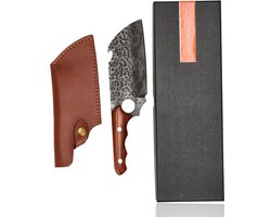 Japans Hakmes met Leren Hoes – Professioneel Koksmes & Vleeshakmes – Handgesmeed Keukenmes met Kloofkracht – Japanse Messen Collectie
