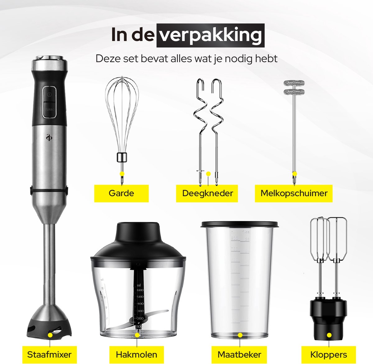 SEPH Staafmixer 7-in-1 Set – 1200W Staafmixer met Mixerstaaf, Hakmolen, Melkopschuimer, Deegkneder, Garde, Kloppers & Maatbeker – foto 5