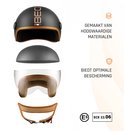 Zwarte scooterhelm in delen met beige binnenzijde, vizier, en kinband.
