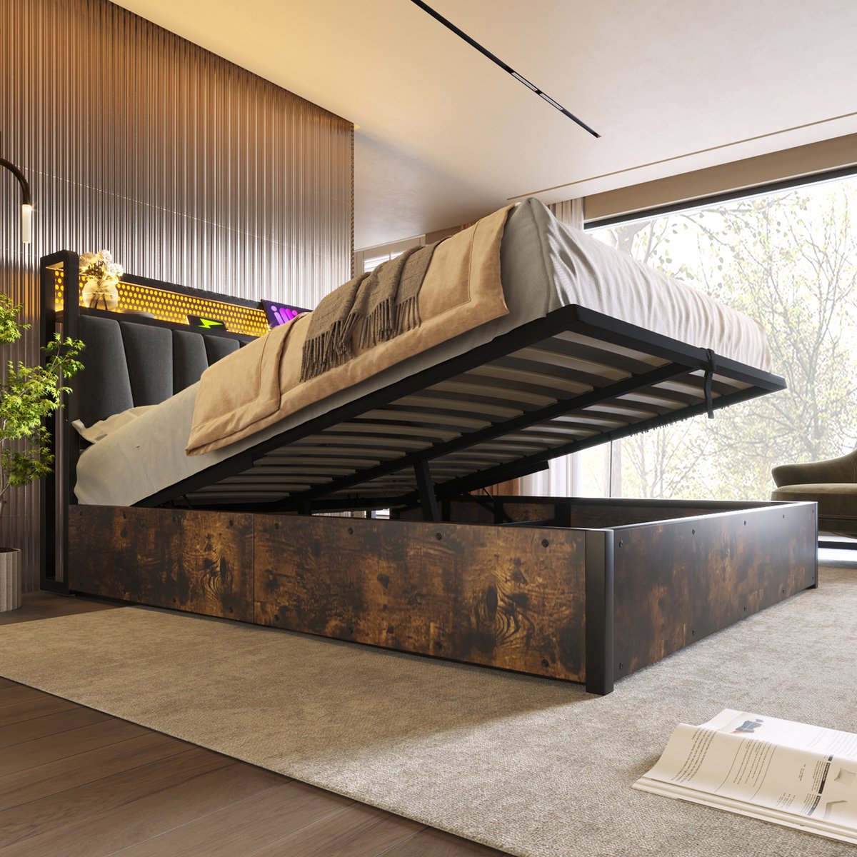 SINGULARITY-Gestoffeerd bed metalen bed LED tweepersoonsbed met USB hoofdeinde en LED verlichting- metalen bed 140x200cm grijs zonder matras