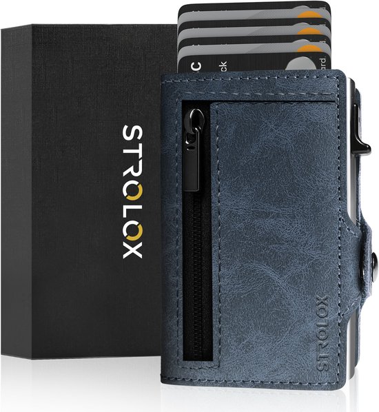 Strolox® Pasjeshouder Luxe Portemonnee Blauw - Creditcardhouder 11 pasjes + Briefgeld - Kaarthouder Pashouder Uitschuifbaar - RFID & NFC Kaarthouder - Leer - Mannen & Vrouwen Incl. Luxe Cadeauverpakking - Unisex - Met Rits