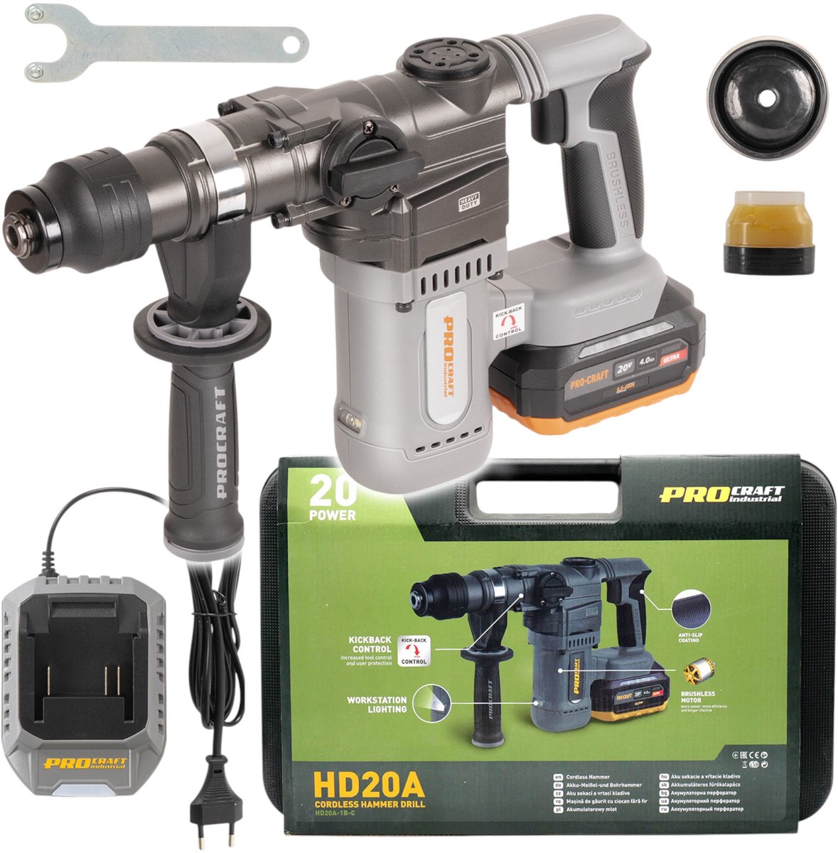 Procraft Industrial HD20A accu-boorhamer 20 V 3,8 J borstelloos + 1x accu 4,0 Ah + oplader + koffer