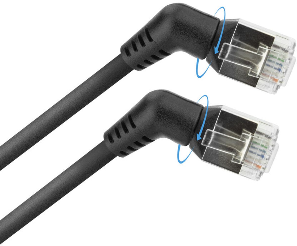 ACT Zwarte 0,5 meter U/FTP CAT6A Slimline patchkabel met draaibare 360° RJ45-connectoren DD1900