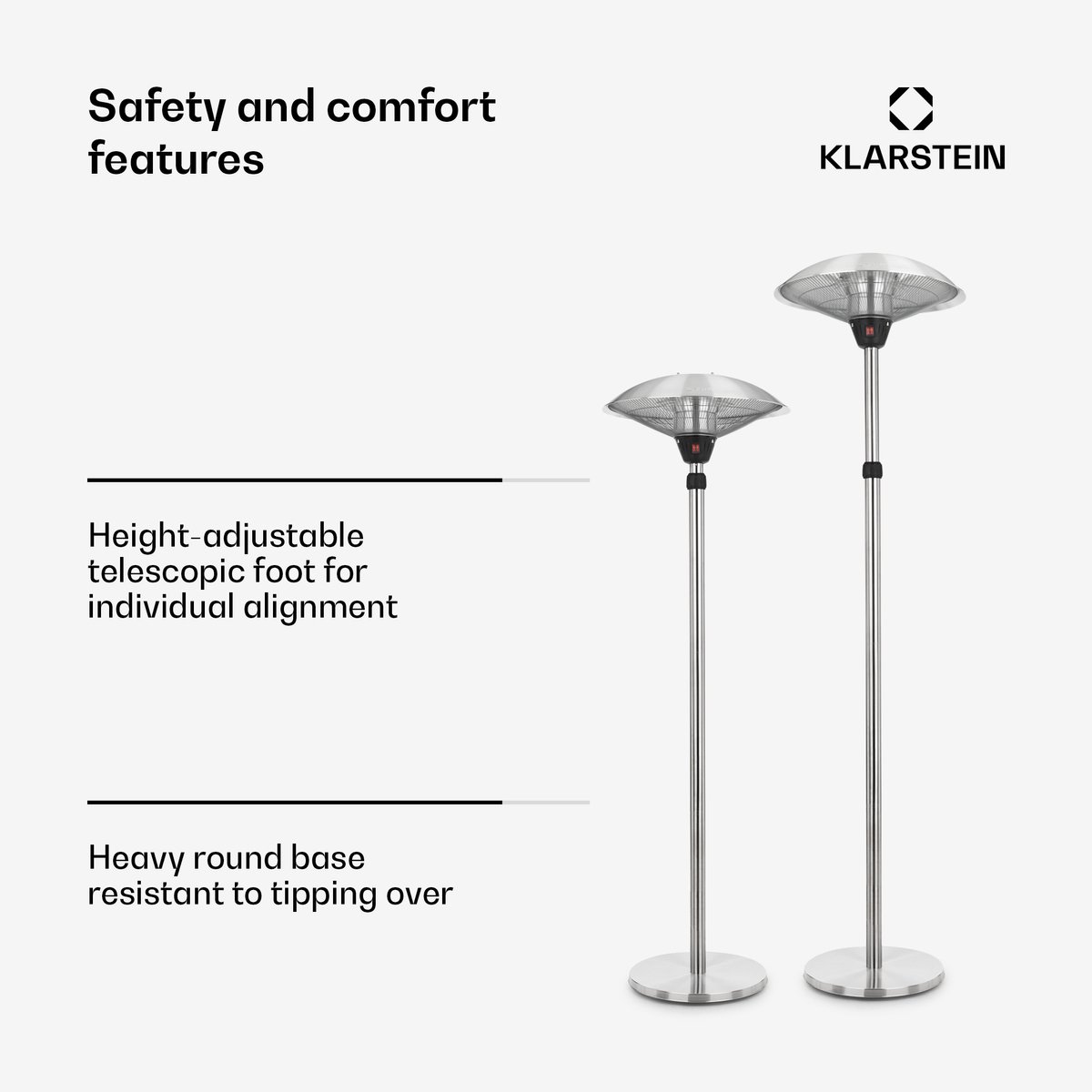 blumfeldt Heat Guard Staande verwarmer - Staande verwarmer met 900, 1200 en 2100 W in 3 standen, hoogteverstelbare infraroodstraler, weerbestendig, aluminium standvoet, 1,8 m kabel, Zilver