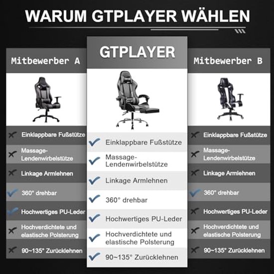 Ergonomische Gaming Stoel met Voetensteun en Hoofdsteun - Draaistoel in Grijs — afbeelding 2
