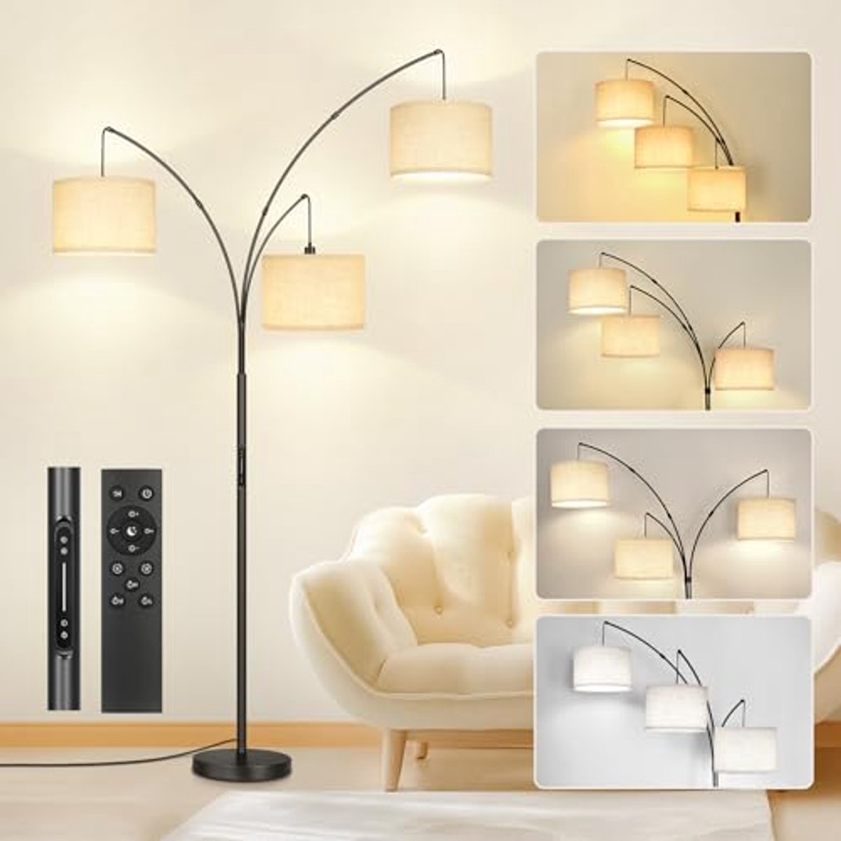 Moderne 3-boog LED vloerlamp met afstandsbediening en dimfunctie, zwarte hoge lamp voor sl