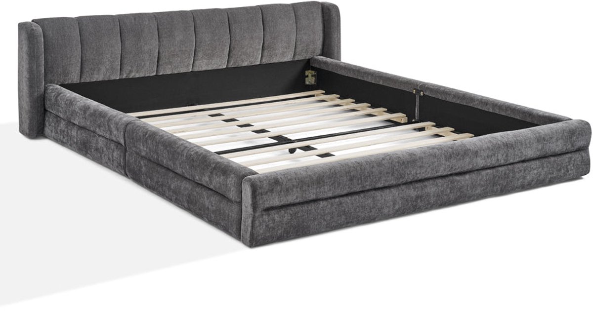 Merax Gestoffeerd Bed 140x200 cm van Chenille met Comfortabel Hoofdbord en Stevig Eucalyptus- en Stalen Frame Donkergrijs (Zonder Matras)
