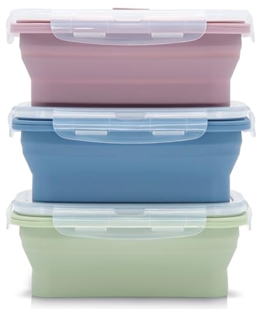 Opvouwbare Vershouddozen - 3 Delen - Siliconen Broodtrommels voor Voedselopslag, Veilig voor Vriezer en Oven - Ideaal voor Kamperen, Wandelen en Reizen - 1200 ml