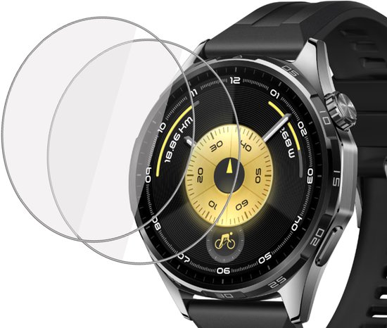 Twee ronde screenprotectors van glas op een zwart smartwacht met een gouden wijzerplaat.