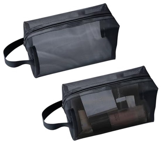Netmake-up tas - Mesh reis-toilettas met ritssluiting (crèmig geel