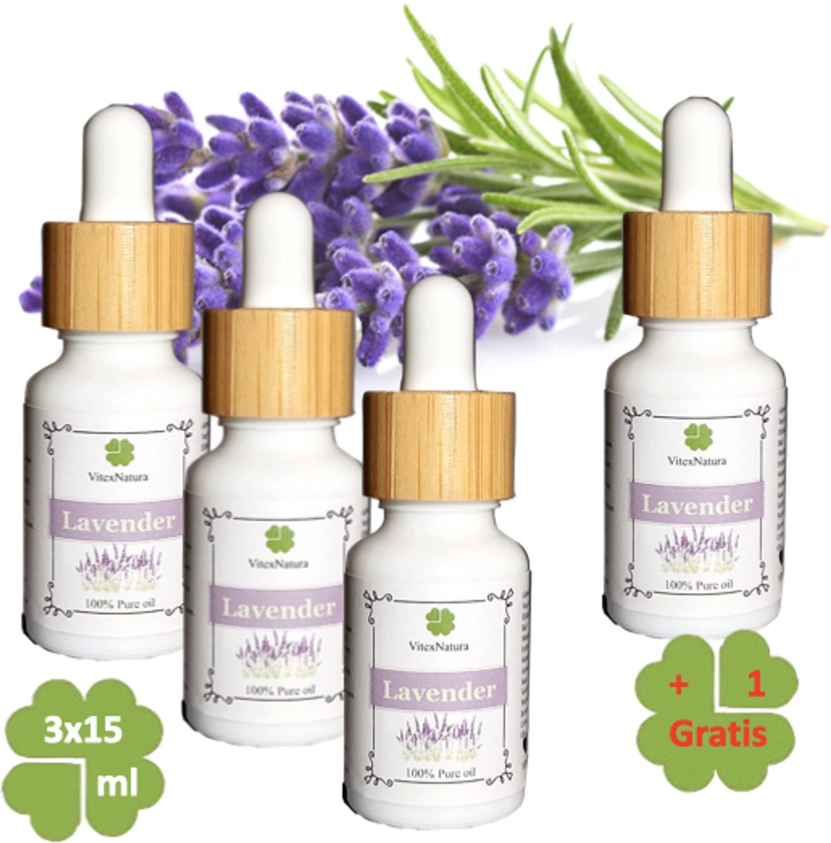 Pure Lavendel olie 3 + 1 GRATIS | 60ml 100% Etherische Olie | Reinigend kalmerend | Merk VitexNatura