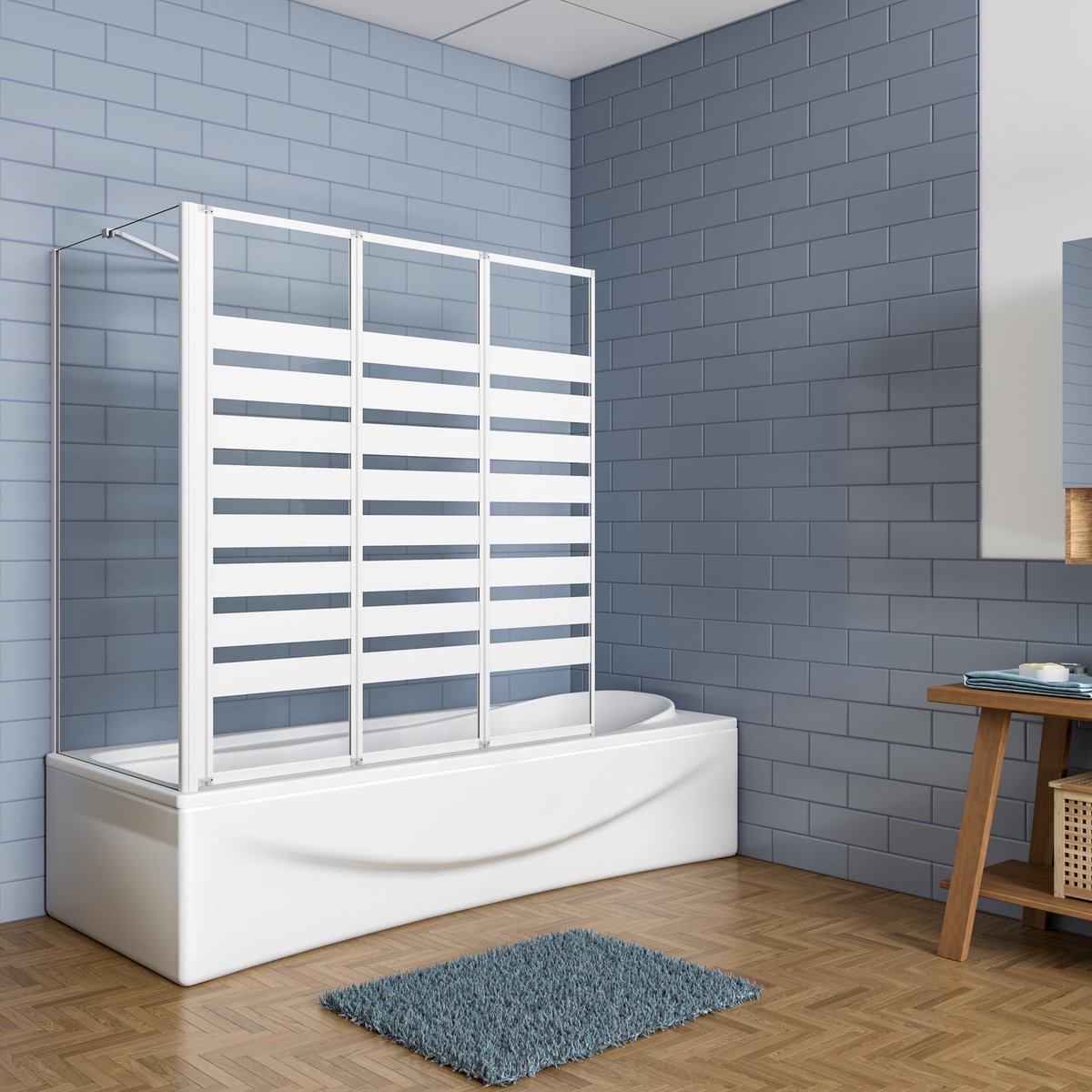 Aica Badwand 130x70x140cm-3-Delig Inklapbaar 4mm Gehard Glas-Grijs Frame-linkerkant Montage