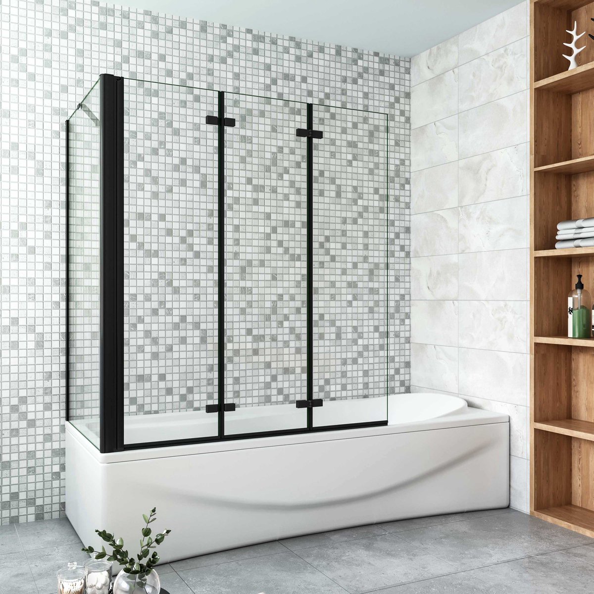 Aica Luxe Badwand 130x80x140cm-3-Delig Inklapbaar 6mm Transparant Easy Clean Gehard Glas-mat zwart-Eenvoudige Montage
