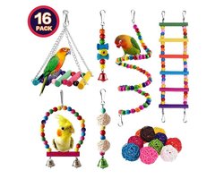 16-Delige Vogelspeelgoed - Schommelspeelgoed voor papegaaien - Klimladder - Geschikt voor dagelijks spelen met grasparkieten, kauwinteractie met parkieten, klimoefeningen voor valkparkieten en vermaak in de kooi van spreeuwen - Veelkleurig