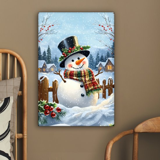 Tableau sur toile 60x90 cm - Décoration murale exclusive Bonhomme de neige - Village d'hiver - Coloré - Décoration murale salon - Décoration chambre - Accessoires de chambre - Peintures sur toile
