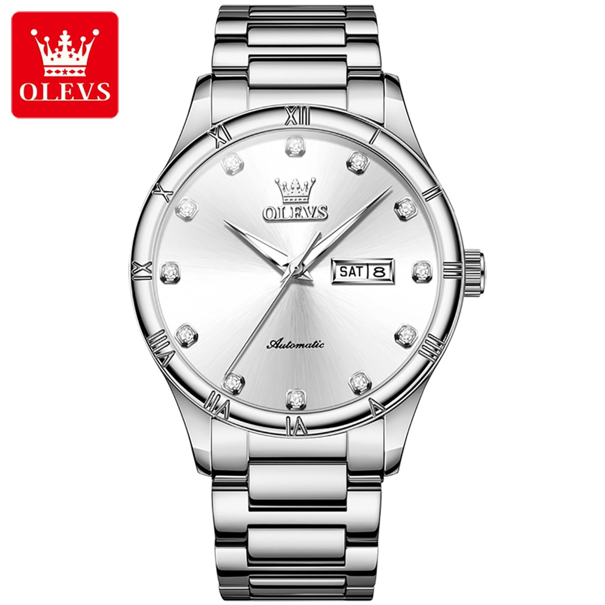 HO-7030.z : OLEVS mechanisch edelstaal horloge, zilverwitte wijzerplaat, kalenderdag, dagnaam, diamantzirkonia