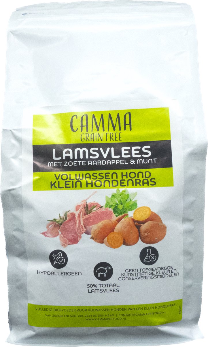 Camma Graanvrij Lamsvlees Met Zoete Aardappel & Munt Volwassen Hond Klein Hondenras 2 kg