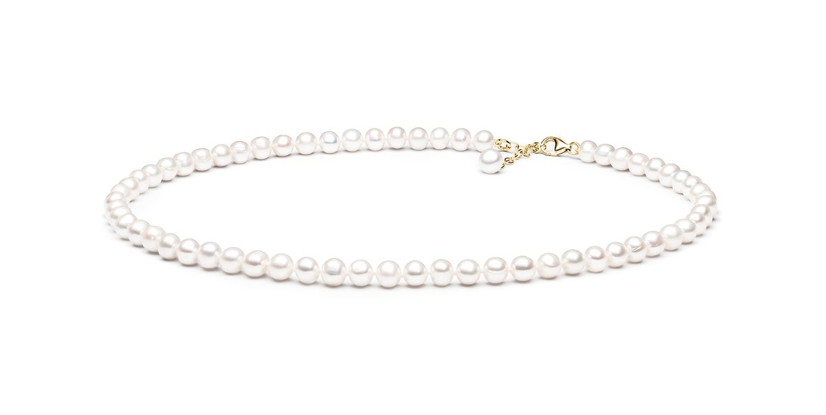 Gaura- Klassiek parelcollier – Lengte 45 cm – Witte ronde gekweekte zoetwaterparels 7–8 mm – Verstelbare 925 zilveren ketting met 14K roségoud plating