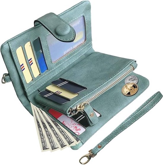 Lichtblauwe portemonnee met creditcards, munten en dollarbiljetten, met polsband.