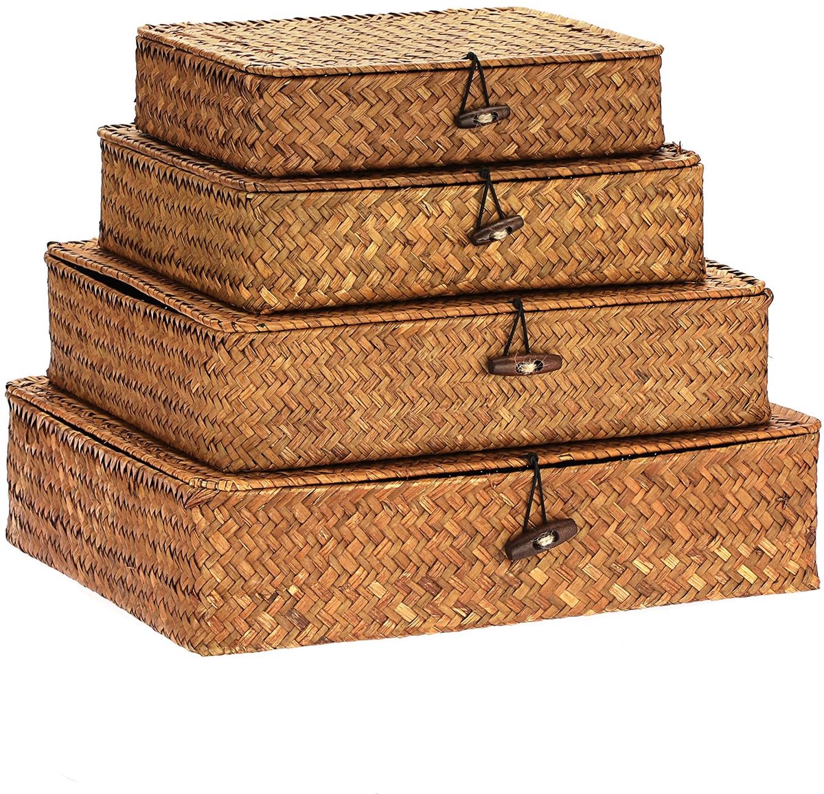 Azomor® Set van vier stapelbare opbergmanden van zeegras met deksel en sluiting