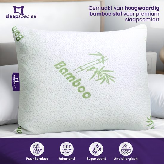 Witte kussen met bamboe print en tekst 'Bamboo'. Kenmerken: Puur Bamboe, Ademend, Super zacht, Anti allergisch.