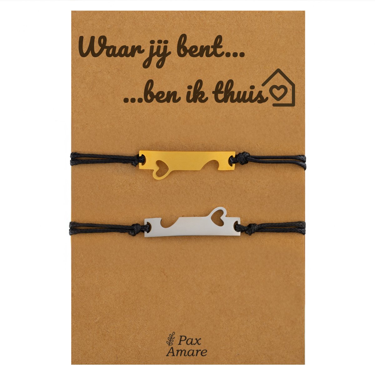 Koppel Armbandjes voor 2 "Waar jij bent, ben ik thuis" - Aansluitende Hartjes - Vriendschapsarmbandjes met Liefdevol Cadeau Kaartje - Goudkleurig & Zilverkleurig - Elastisch Verstelbaar - Pax Amare