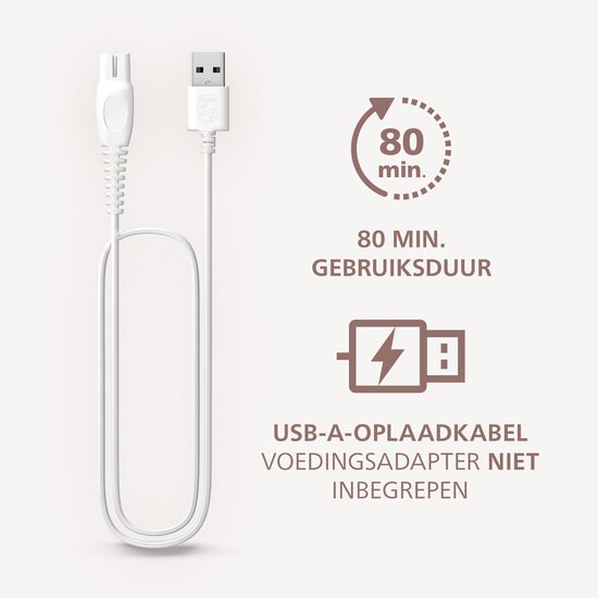 Witte USB-oplaadkabel voor ladyshave. 80 minuten gebruiksduur.