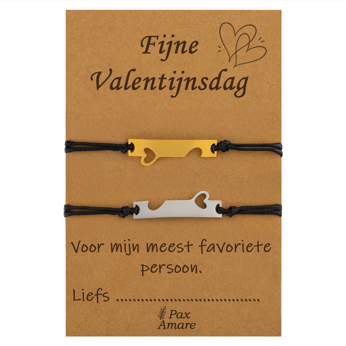 Koppel Armbandjes voor 2 "Fijne Valentijnsdag" - Aangesloten Hartjes - Vriendschapsarmbandjes met Persoonlijk Cadeau Kaartje - Goudkleurig & Zilverkleurig - Elastisch Verstelbaar - Pax Amare