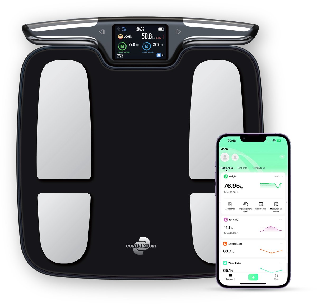 CoreComfort® - BodySync Pro - Slimme weegschaal met App - Personenweegschaal - Wifi en Bluetooth - Smart Weegschaal met lichaamsanalyse - Weegschaal Vetpercentage en Spiermassa - Smart Scale handvat