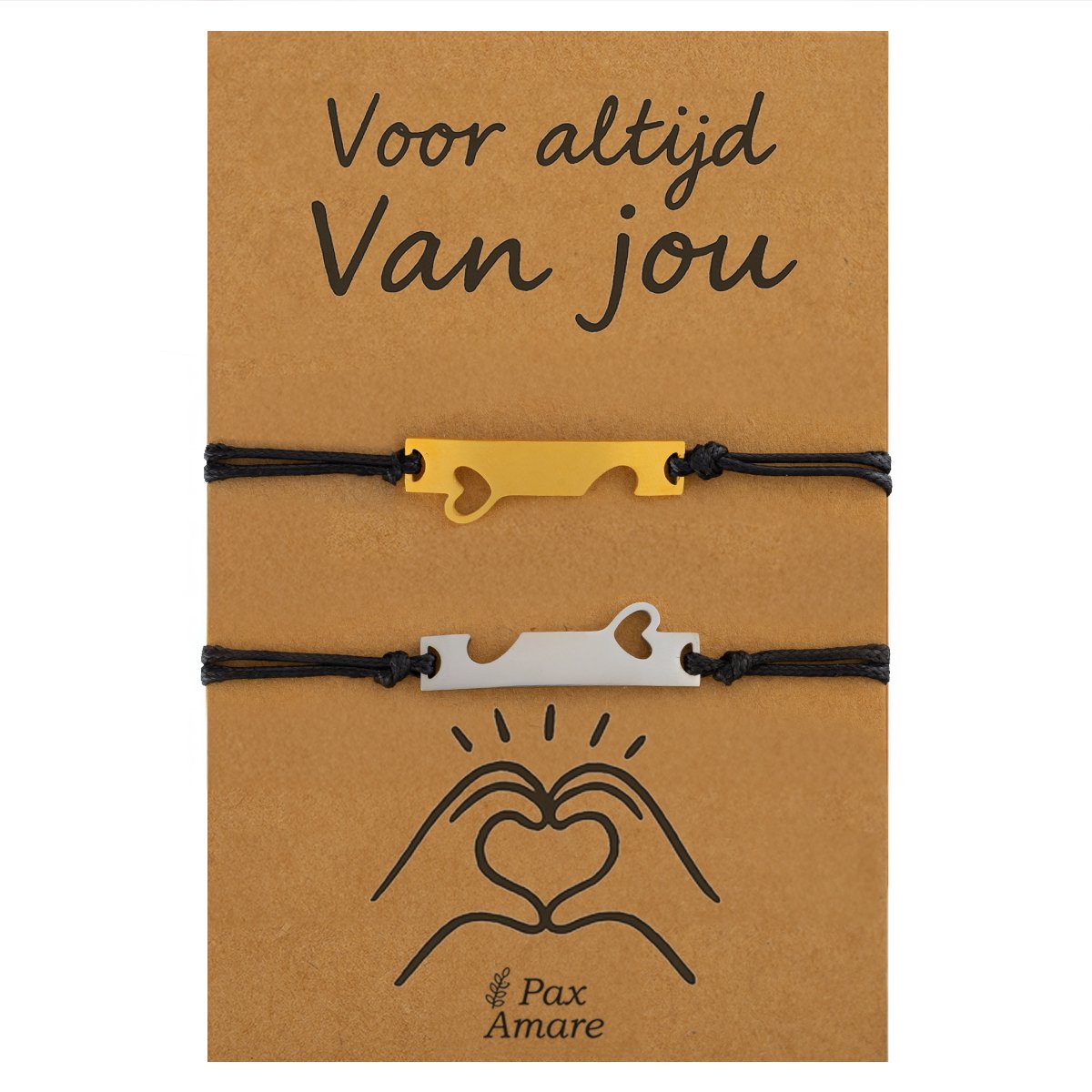 Koppel Armbandjes voor 2 "Voor altijd van Jou" - Aansluitende Hartjes - Vriendschapsarmbandjes met Valentijn Cadeau Kaartje - Zilverkleurig & Goudkleurig - Elastisch Verstelbaar - Pax Amare