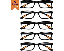 Amazotti Milano Leesbrillen +1.50 – Set van 5 – Trendy & Comfortabel – Italiaans Design – Lichtgewicht Kunststof – Dames & Heren – Zwart – Leesbril met Sterkte