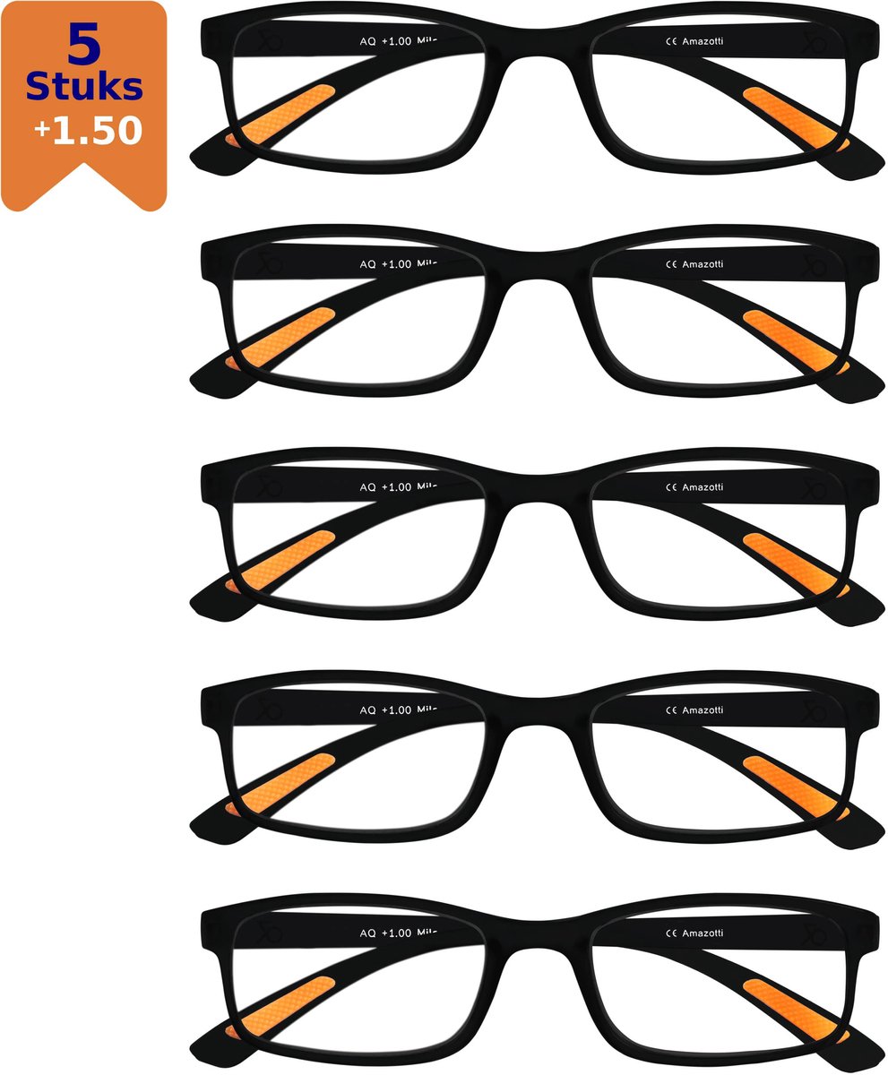 Amazotti Milano Leesbrillen +1.50 – Set van 5 – Trendy & Comfortabel – Italiaans Design – Lichtgewicht Kunststof – Dames & Heren – Zwart – Leesbril met Sterkte