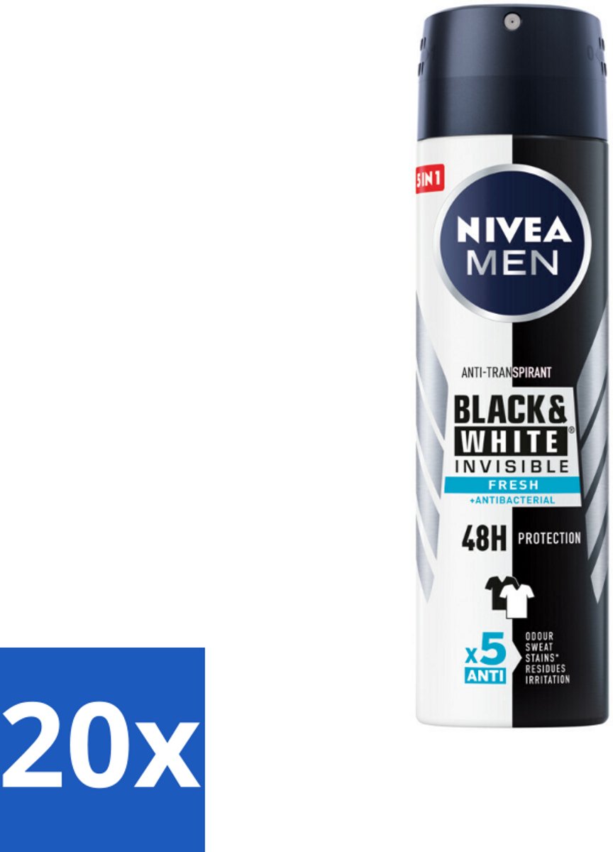 20 x NIVEA Men Deodorant Spray Invisible for Black & White Fresh 150 ml - Anti-transpirant - Deodorant Spray - Zweetvoorkomend - Vlekkenvoorkomend - Huidvriendelijk